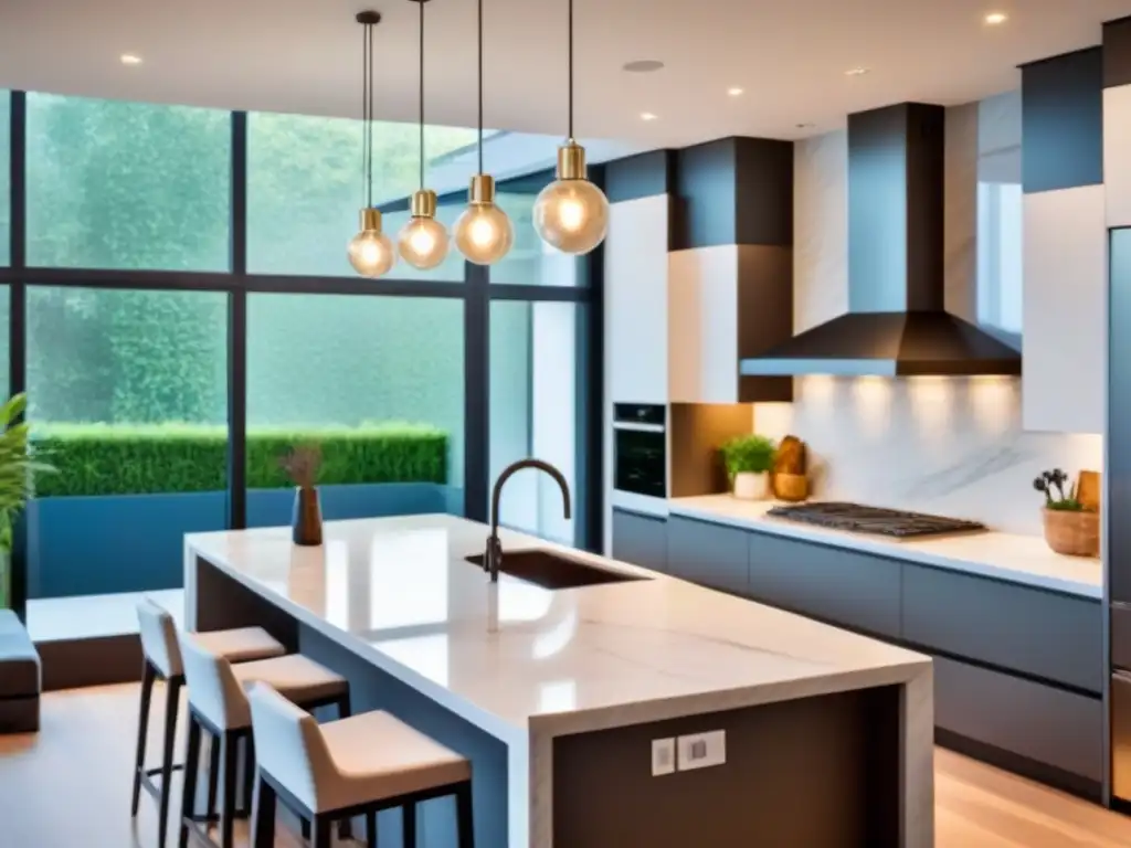 Renovación de cocina: lujo y elegancia en mármol blanco y acero inoxidable Renovación lujosa de cocina con mármol blanco, electrodomésticos de acero inoxidable y isla amplia iluminada por elegantes lámparas colgantes