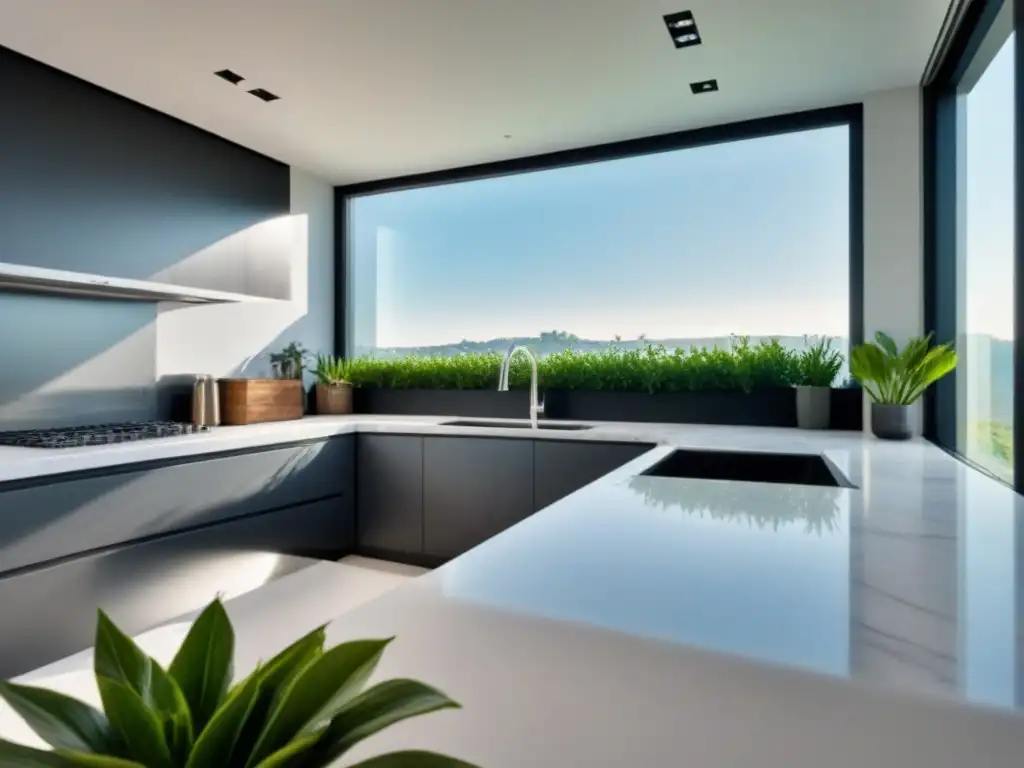 Renovación de cocina de lujo con mármol blanco y plantas vibrantes Una lujosa renovación de cocina moderna con mármol blanco, electrodomésticos de acero inoxidable y diseño minimalista, resaltado por plantas verdes