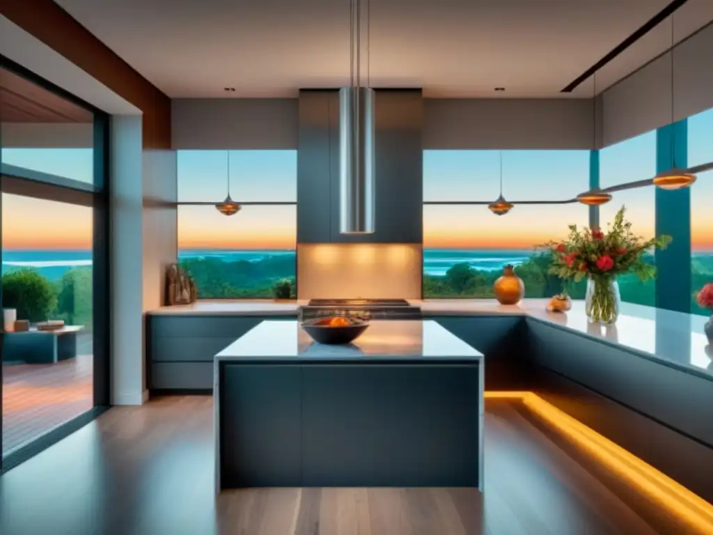 Cocina de lujo moderna con vista a jardín exuberante Una lujosa cocina moderna con electrodomésticos de acero inoxidable, encimeras de mármol y una isla grande con elegantes luces colgantes