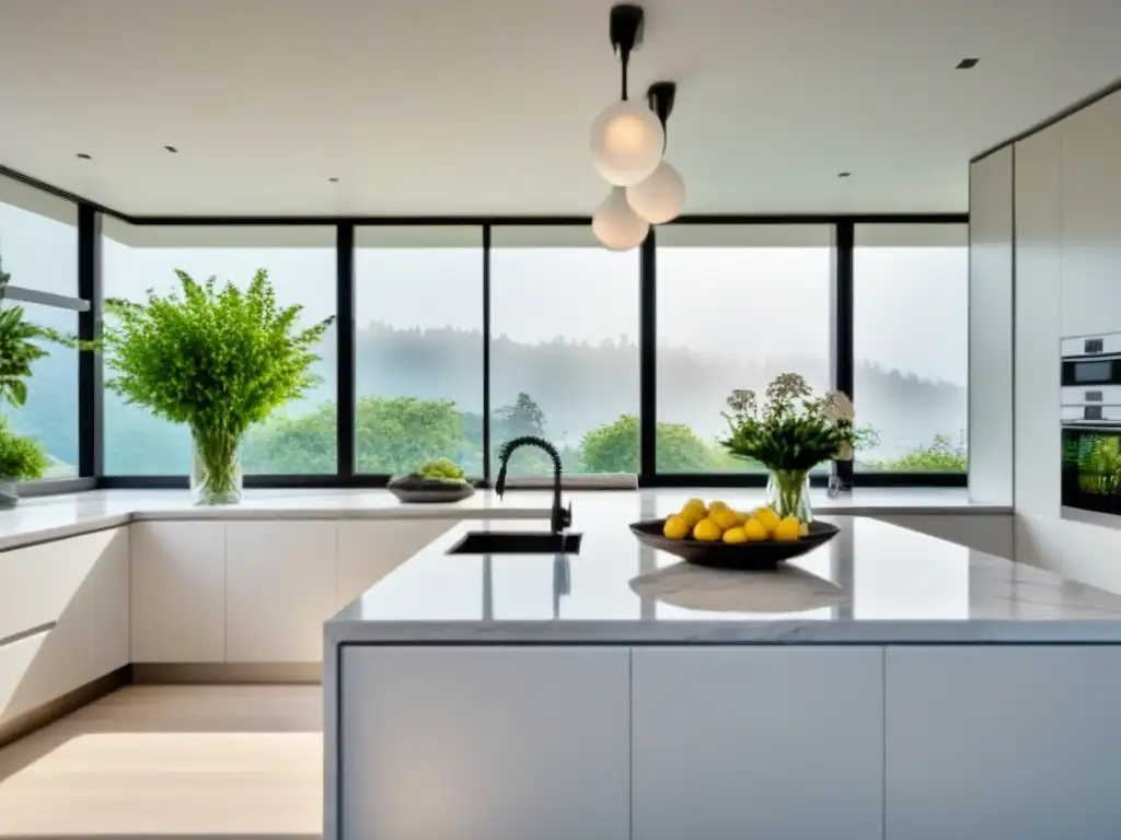 Cocina moderna de lujo con detalles elegantes y luminosos Una lujosa cocina moderna con gabinetes blancos, encimeras de mármol y electrodomésticos de acero inoxidable