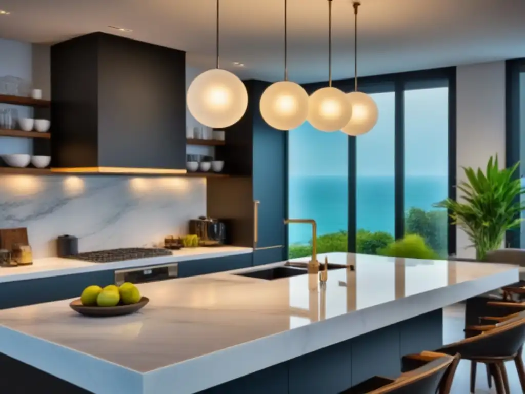 Moderna cocina de lujo con diseño profesional y elegante Fotografía de una lujosa cocina moderna con gabinetes blancos, encimeras de mármol y una isla grande con elegantes luces colgantes