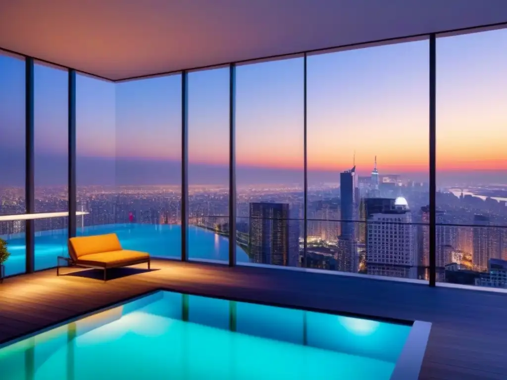 Penthouse de lujo con vistas a la ciudad al anochecer Una lujosa penthouse moderna con vista a la ciudad al anochecer