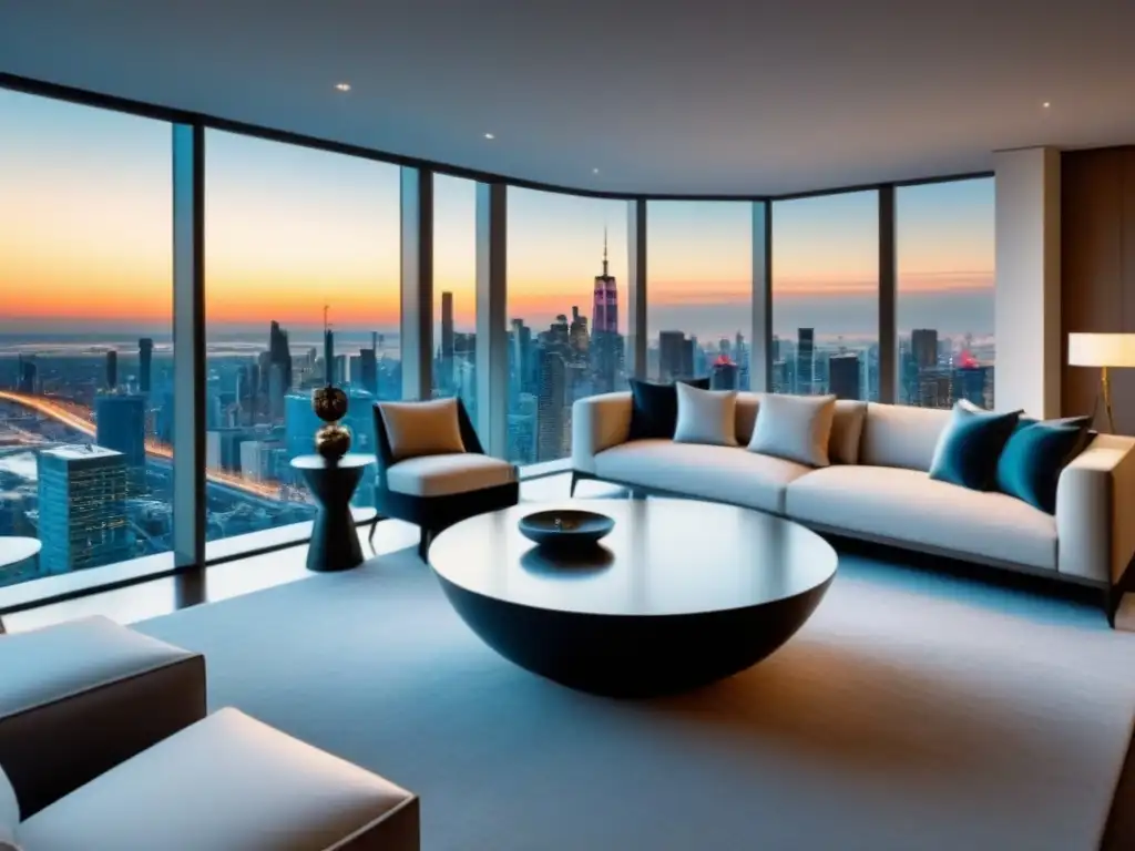 Sofisticado salón penthouse con vistas panorámicas a la ciudad Una lujosa sala de estar en ático moderno con vistas panorámicas a la ciudad, amueblada con elegancia y sofisticación