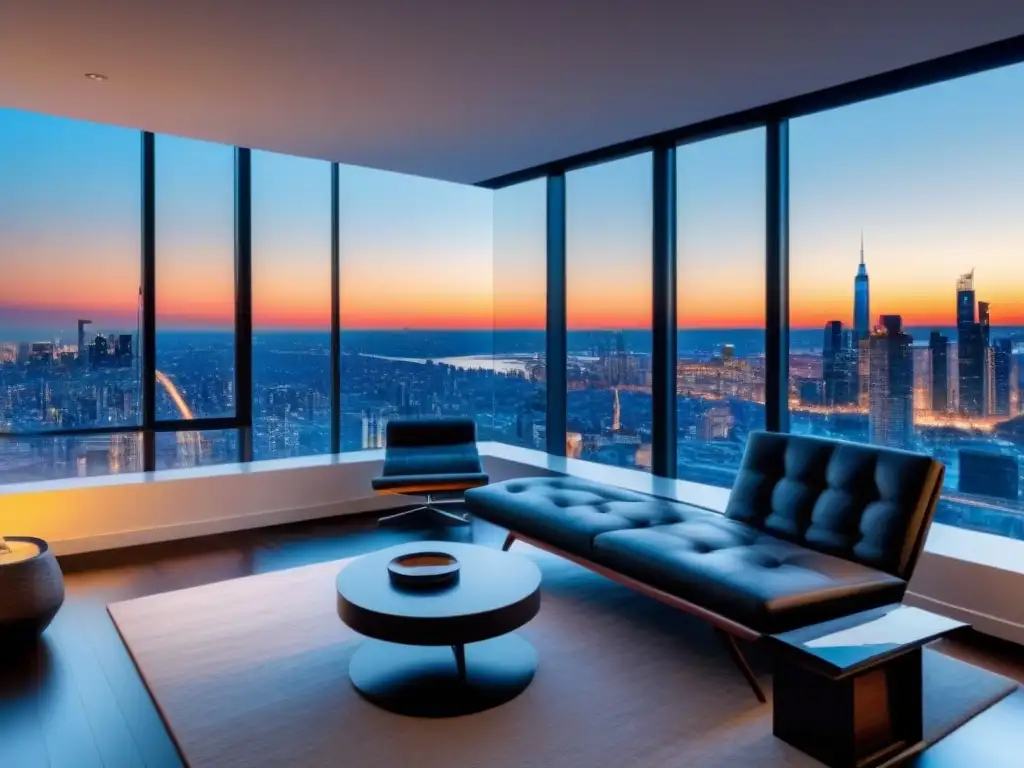Salón de lujo en apartamento: vistas ciudad al atardecer Una lujosa sala de estar moderna en un apartamento de gran altura con ventanales que muestran un impresionante horizonte urbano al anochecer