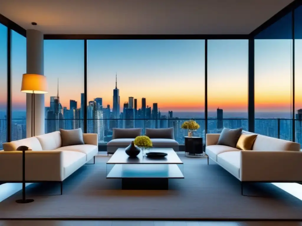 Sala de estar de lujo con vistas urbanas al atardecer Una lujosa sala de estar moderna con vista a la ciudad al atardecer, amueblada elegantemente en tonos de gris, blanco y dorado