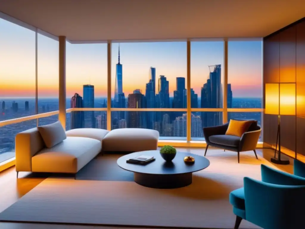 Salón moderno de lujo con vistas a la ciudad al atardecer Una lujosa sala de estar con vista a la ciudad al atardecer, amueblada elegantemente