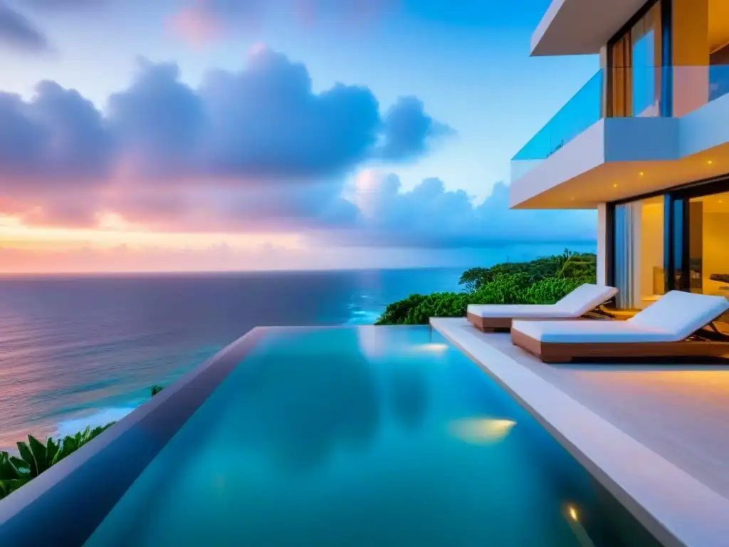 Villa de lujo frente al mar: diseño moderno y elegante Una lujosa villa moderna frente a la playa con vistas al océano, piscina infinita privada y elegante diseño interior contemporáneo