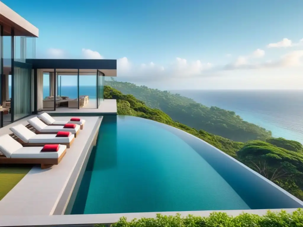 Villa de lujo con piscina infinita en el mar turquesa Una lujosa villa moderna con vistas al mar turquesa, rodeada de vegetación exuberante y un cielo azul claro
