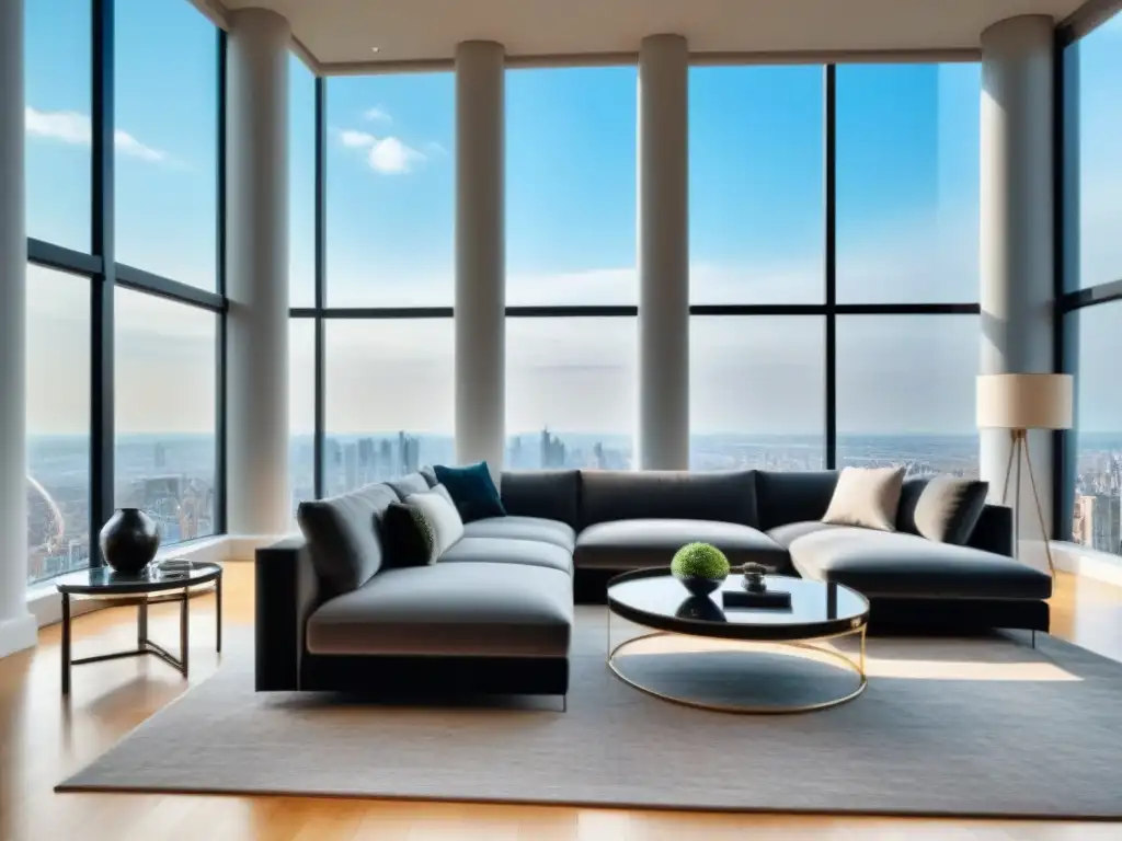 Penthouse de lujo con vistas a la ciudad: elegancia y sofisticación Un lujoso ático moderno con ventanales de piso a techo y vista a la bulliciosa ciudad