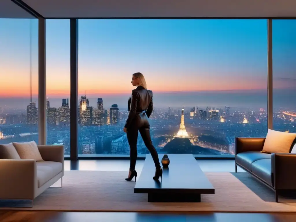 Penthouse de lujo con vistas a la ciudad al atardecer Un lujoso ático moderno con vista a la ciudad al atardecer
