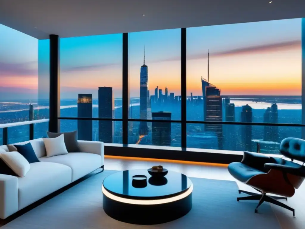 Penthouse de lujo con vistas a la ciudad Un lujoso ático moderno con vista a la bulliciosa ciudad, decorado con elegancia y sofisticación