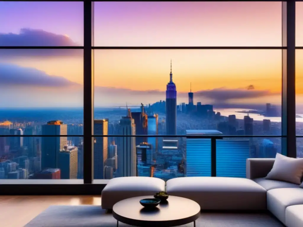 Penthouse de lujo con vista panorámica a la ciudad Un lujoso ático moderno con vista a la ciudad, diseño elegante y acabados de alta gama