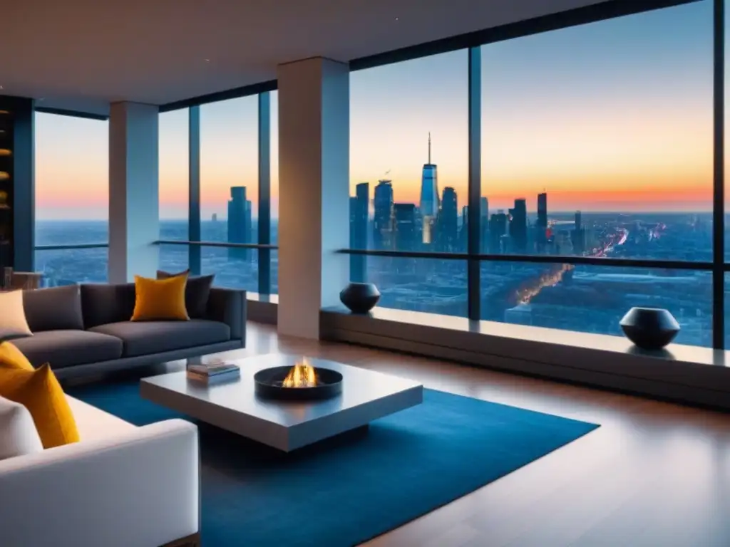 Penthouse de lujo con vista a la ciudad al atardecer Un lujoso ático moderno con vista a un vibrante horizonte urbano al atardecer