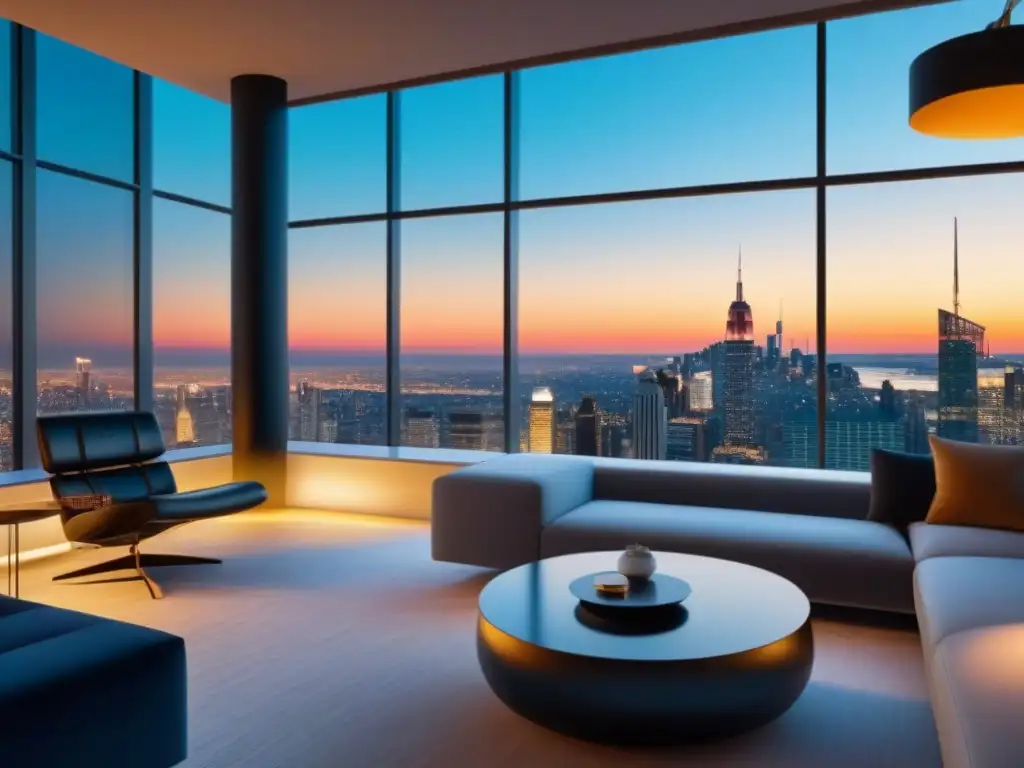 Un lujoso ático moderno con vista panorámica a la ciudad al atardecer, ideal para razones invertir bienes raíces lujo