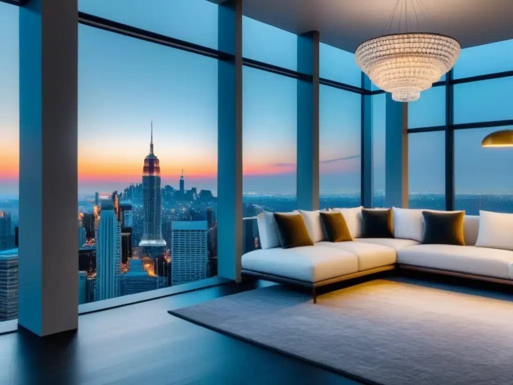 Penthouse de lujo con vistas a la ciudad: elegancia y modernidad Un lujoso ático moderno con vista a un resplandeciente horizonte urbano, decorado con elegancia y sofisticación