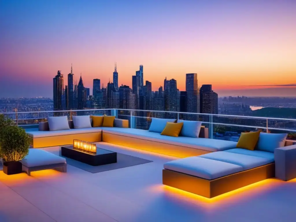 Penthouse de lujo con vista a la ciudad al atardecer Un lujoso ático moderno con vista a la vibrante ciudad al atardecer, perfecto para inversión en propiedades de alto valor