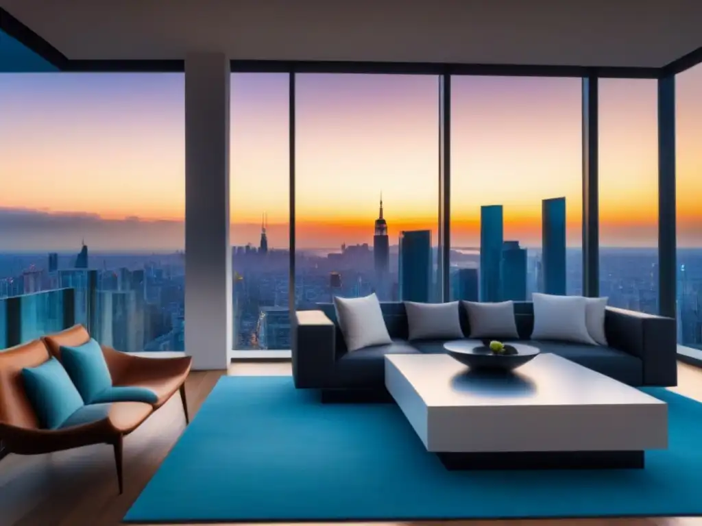 Penthouse de lujo con vista urbana al atardecer Un lujoso ático moderno con vista a la ciudad al atardecer, fusionando tendencias inmobiliarias cultura pop