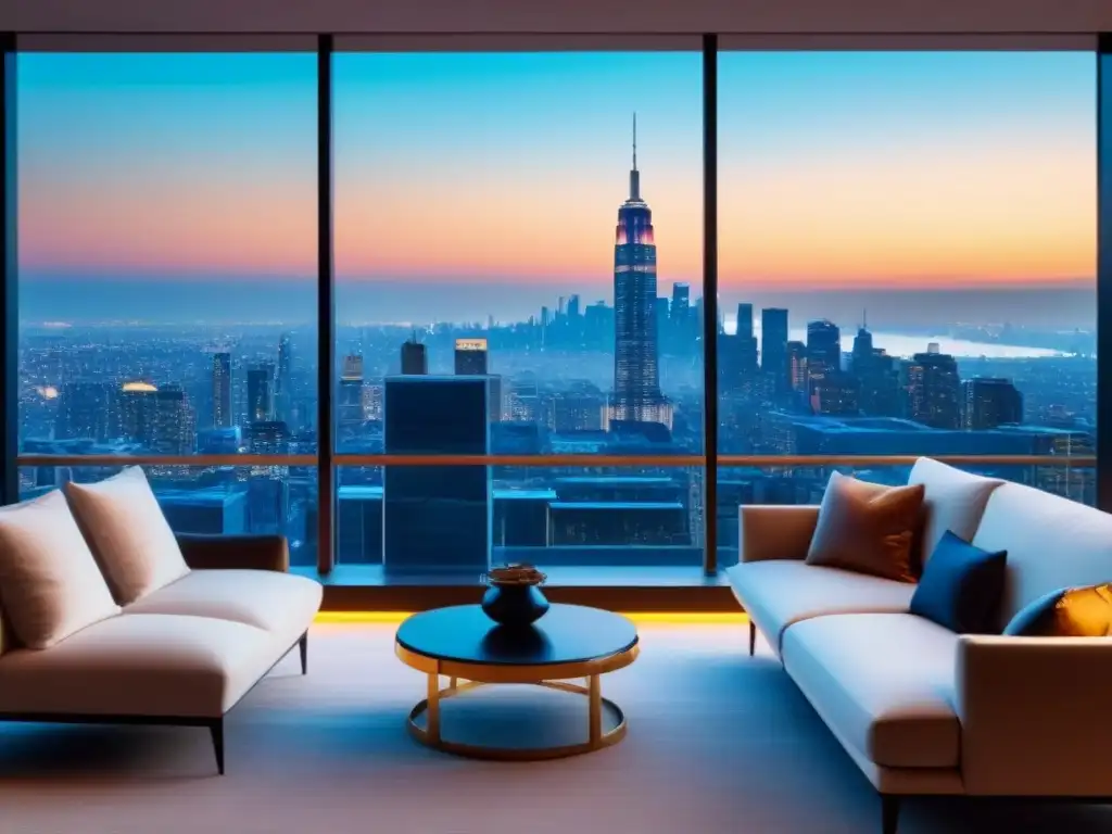 Penthouse de lujo con vista panorámica al atardecer Un lujoso ático moderno con vistas a la ciudad al atardecer, decorado con elegancia y sofisticación