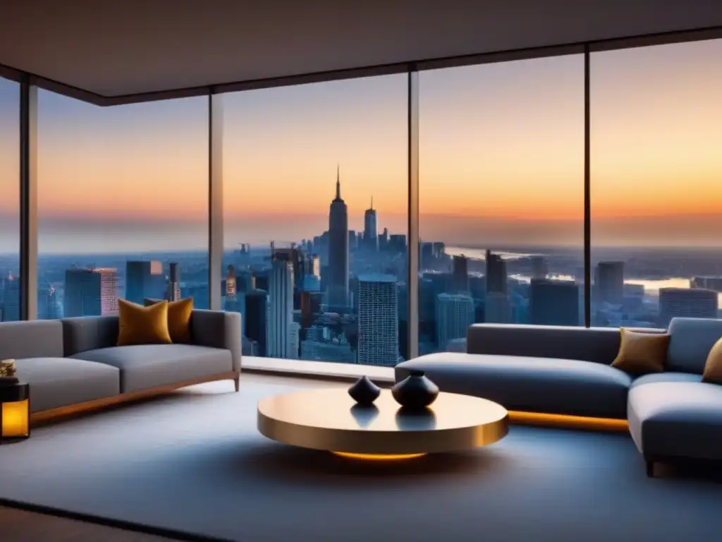 Penthouse de lujo con vistas al atardecer en la ciudad Un lujoso ático moderno con vistas a un horizonte urbano al atardecer