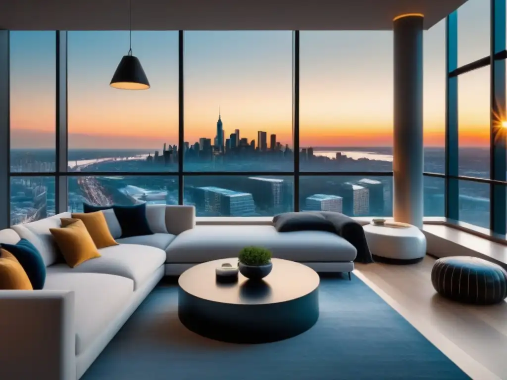 Penthouse de lujo con vista a la ciudad: diseño elegante y sofisticado Un lujoso ático moderno con vistas a la ciudad y diseño elegante