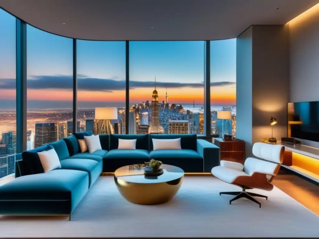 Penthouse de lujo con vistas impresionantes y mobiliario sofisticado Un lujoso ático moderno con vistas impresionantes a la ciudad, muebles contemporáneos y arte vibrante, irradiando sofisticación y riqueza