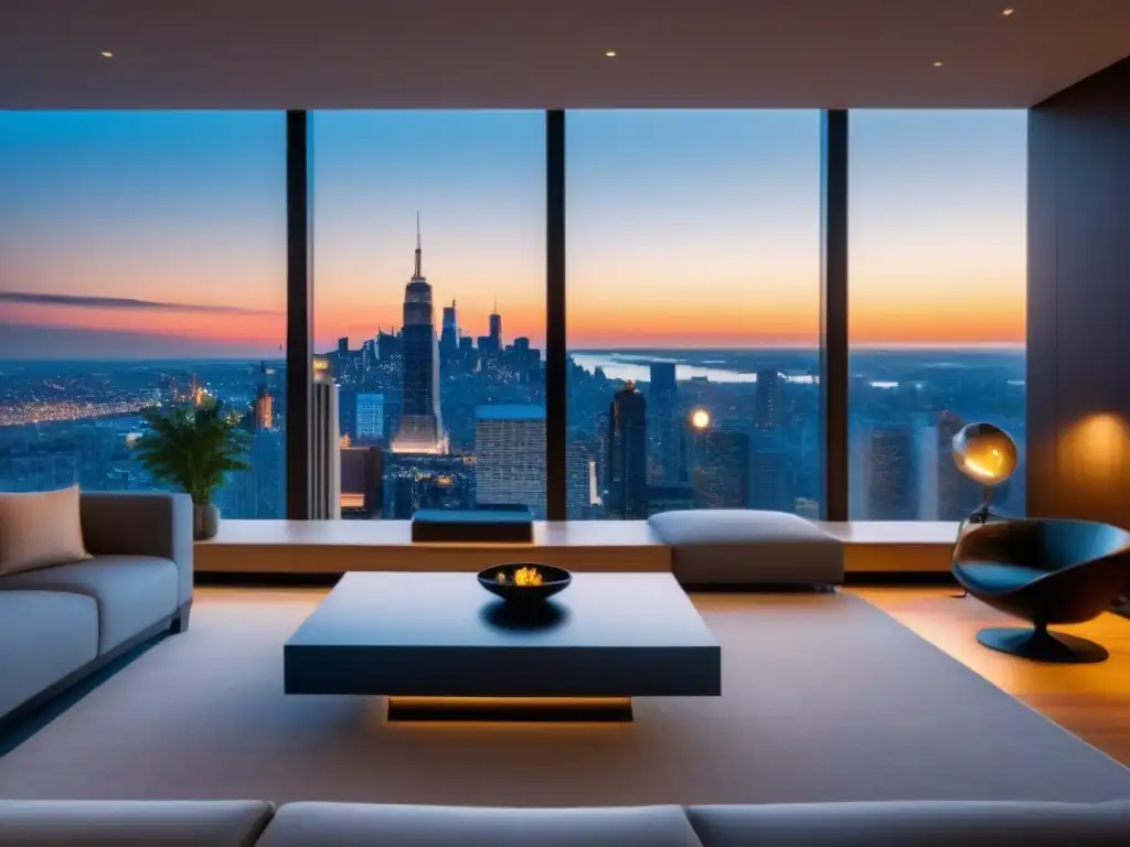 Penthouse de lujo con vista panorámica a la ciudad Un lujoso ático moderno con vistas a la bulliciosa ciudad, diseño contemporáneo y mobiliario de alta gama