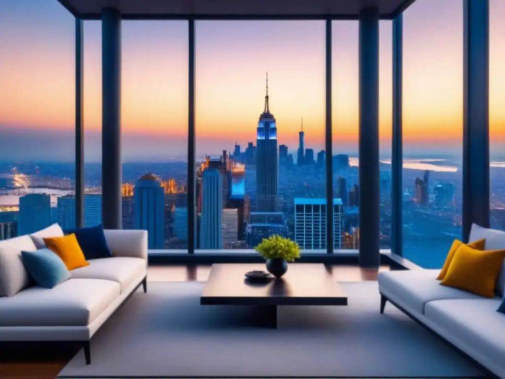 Penthouse de lujo con vista panorámica al atardecer Un lujoso ático moderno con vistas a la ciudad al atardecer