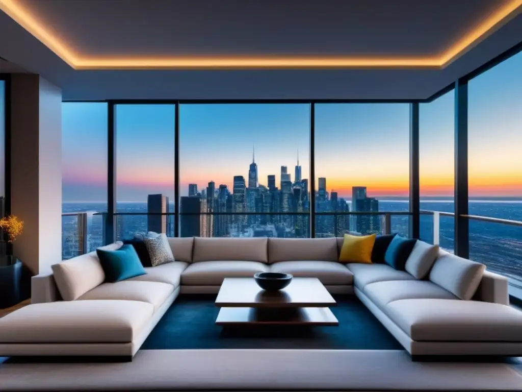 Penthouse de lujo con vista espectacular y diseño contemporáneo Un lujoso ático moderno con vistas impresionantes de la ciudad, decorado con elegancia y toques de color vibrantes para estrategias de flipping propiedades inversión rápida
