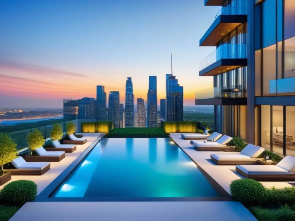 Condominio de lujo con piscina en la azotea y vistas urbanas al atardecer Un lujoso complejo de condominios de alta gama con fachadas de vidrio, piscina en la azotea y vista panorámica de la ciudad al atardecer