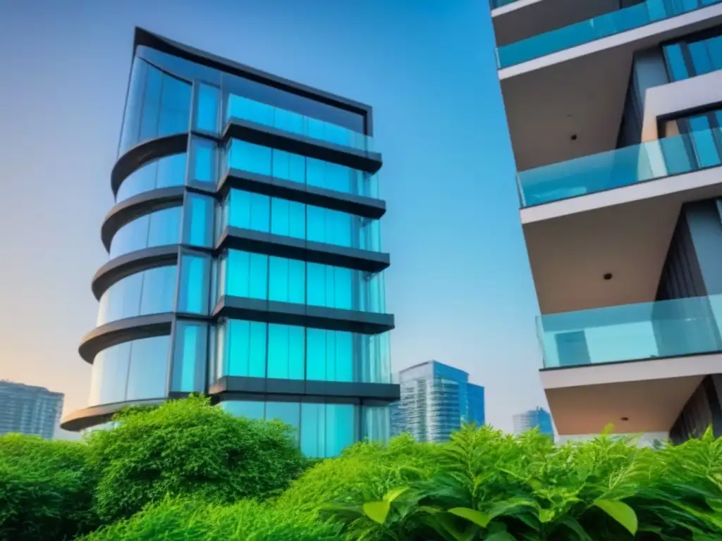 Edificio de apartamentos de lujo: seguridad y sofisticación en la ciudad Un lujoso edificio de apartamentos moderno con fachada de vidrio, rodeado de vegetación y un sistema de seguridad de última generación