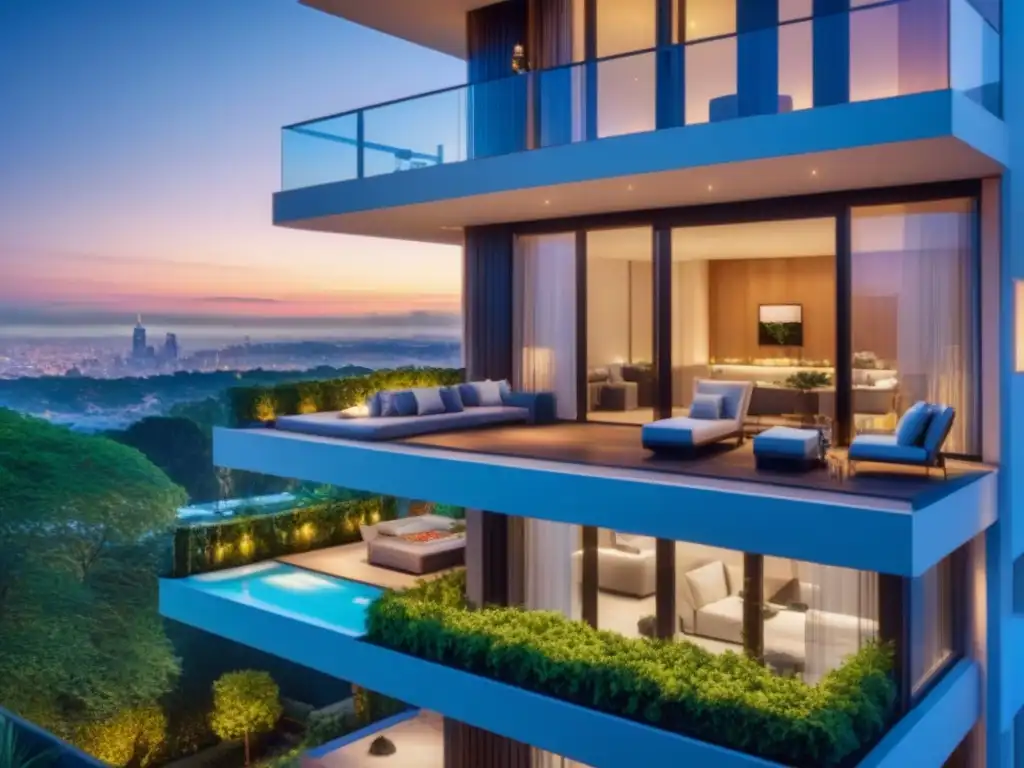 Un lujoso edificio de apartamentos moderno con fachada de vidrio y balcones, rodeado de vegetación, terraza en la azotea con piscina y área de descanso, y vistas a la ciudad al atardecer