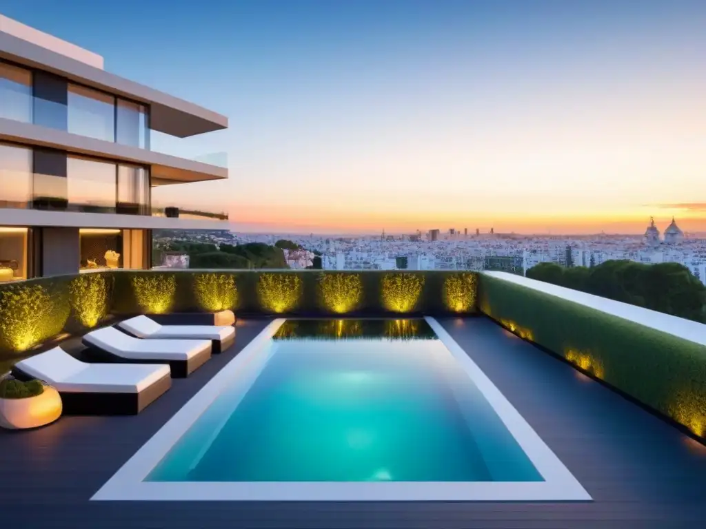 Exclusivo edificio de lujo en Madrid: inversión inmobiliaria internacional Un lujoso edificio de apartamentos en Madrid, España, rodeado de vegetación, con una vista panorámica de la ciudad al atardecer