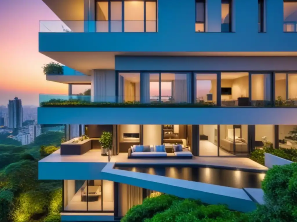 Edificio de lujo con vistas urbanas al anochecer Un lujoso edificio de apartamentos con ventanales de piso a techo reflejando un vibrante paisaje urbano al atardecer, rodeado de exuberante vegetación