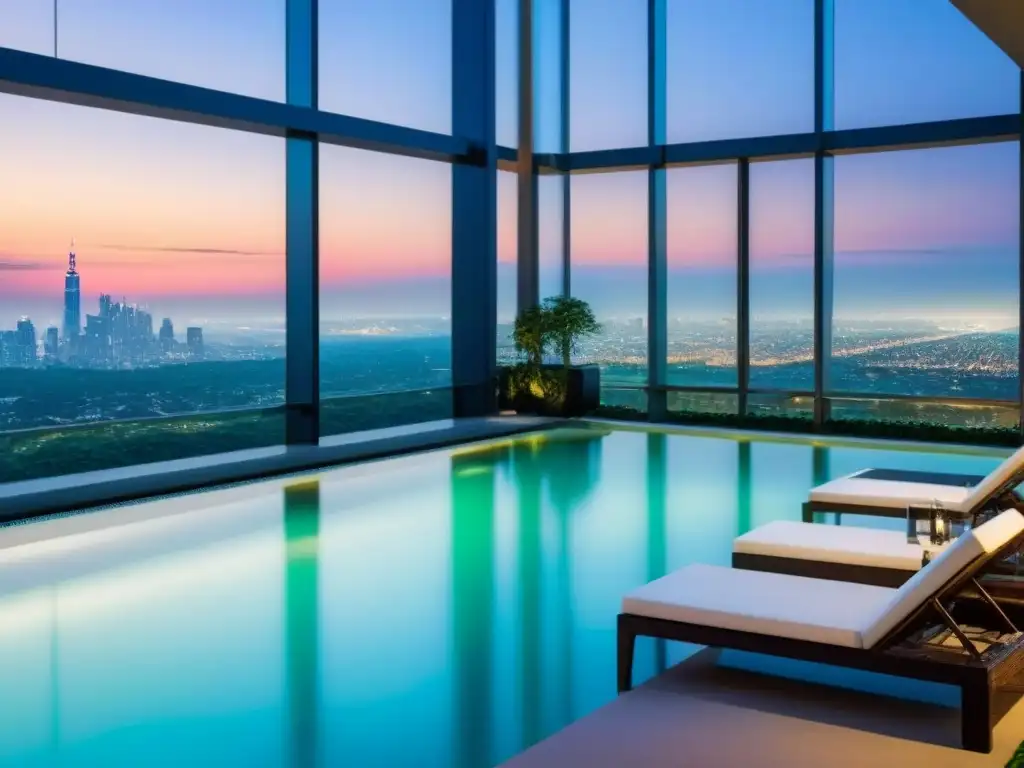 Condominio de lujo con vistas a la ciudad al atardecer Un lujoso edificio de condominios moderno con ventanas de piso a techo reflejando el horizonte de una bulliciosa ciudad al anochecer