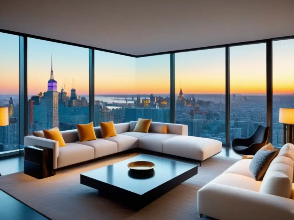 Salón de lujo en penthouse moderno con vista a la ciudad al atardecer Un lujoso salón penthouse moderno con ventanales del piso al techo con vistas a un paisaje urbano bullicioso al atardecer