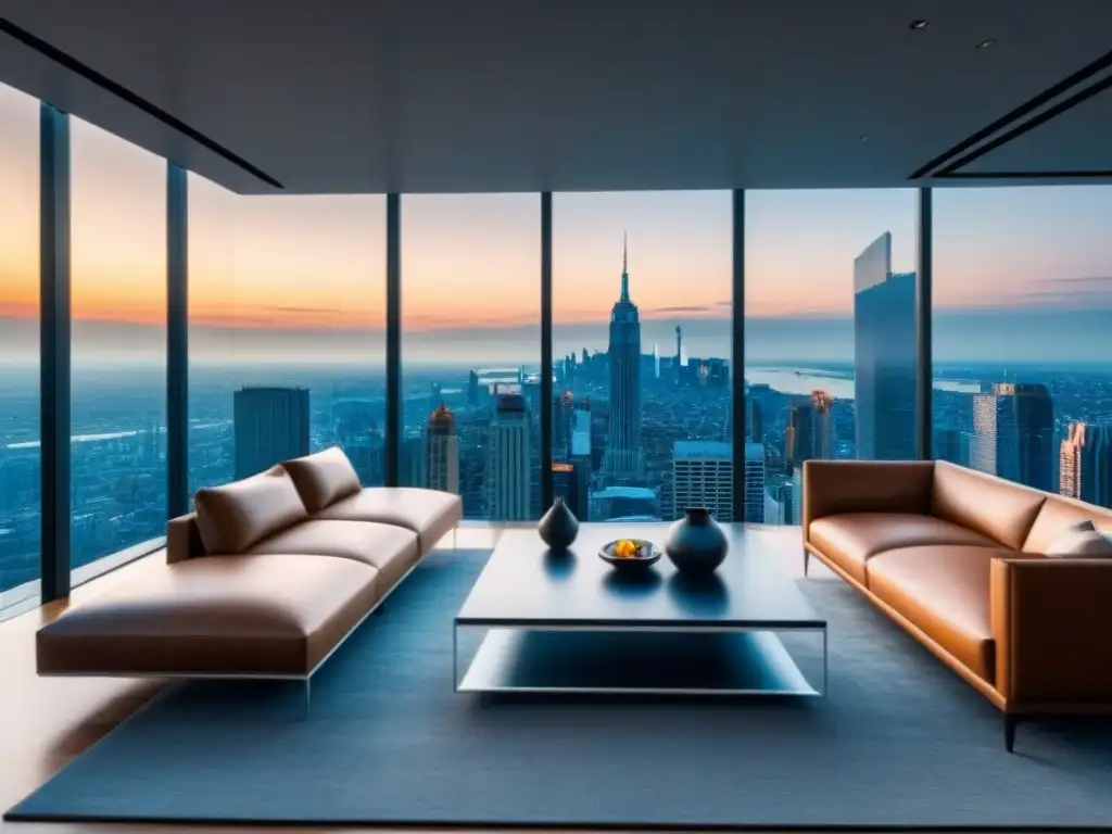 Suntuoso salón de lujo con vista panorámica en penthouse moderno Un lujoso salón penthouse moderno con vista a la ciudad y mobiliario contemporáneo, ideal para marketing visual en préstamos inmobiliarios