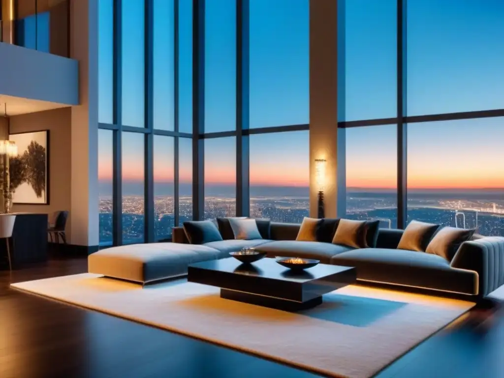 Penthouse de lujo con vista panorámica nocturna de la ciudad Un lujoso salón penthouse moderno con vista nocturna de una ciudad