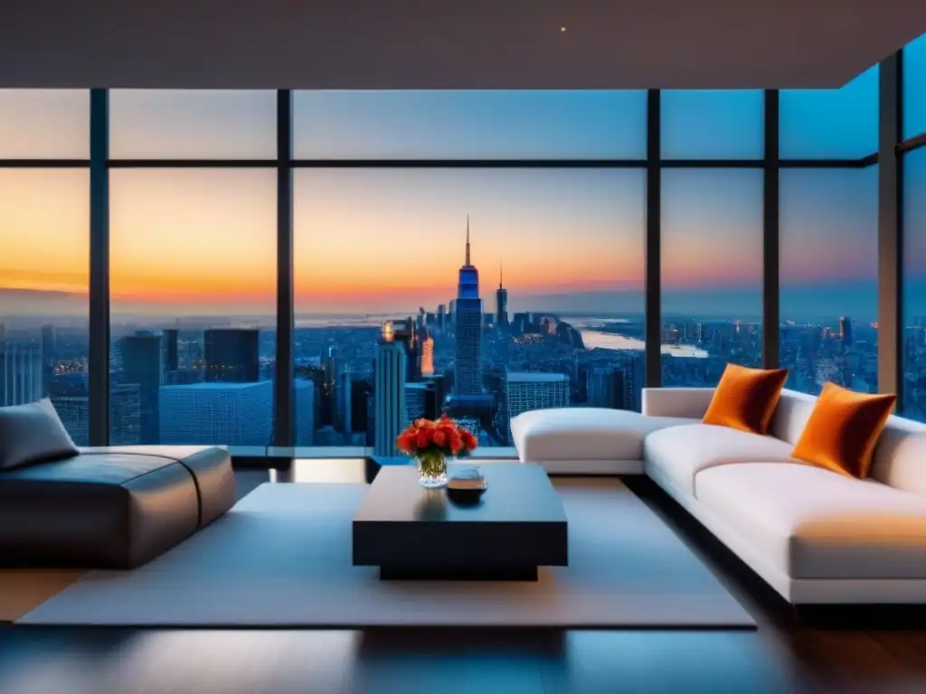 Sofisticado salón de penthouse con vista panorámica al atardecer Un lujoso salón penthouse moderno con vistas a un impresionante skyline urbano al atardecer, decoración elegante y ambiente cálido