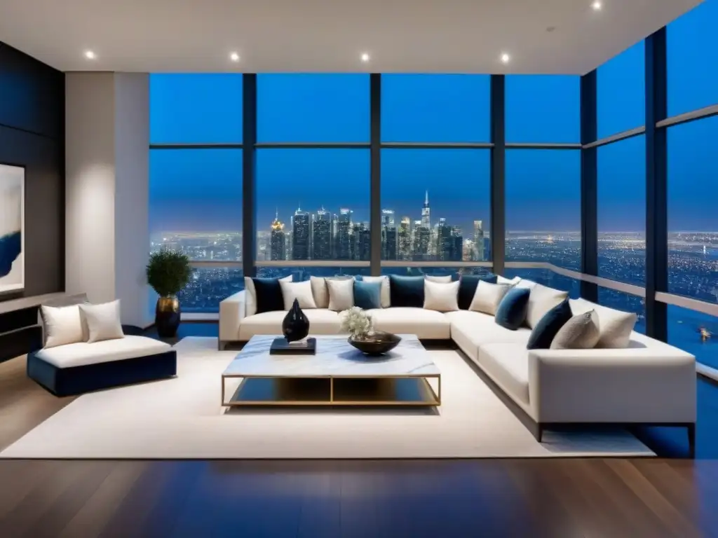 Un lujoso penthouse moderno con vista panorámica de la ciudad de noche, elegante y sofisticado, ideal para el mercado inmobiliario de lujo