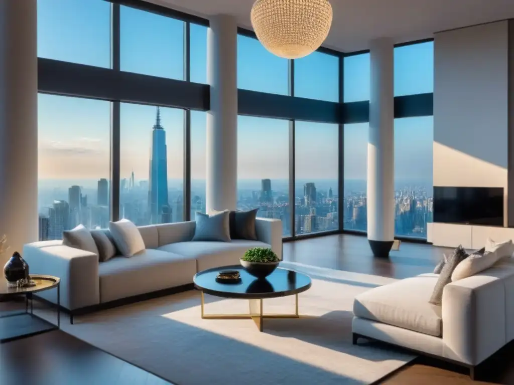 Penthouse de lujo con vista panorámica y diseño moderno Un lujoso penthouse moderno con vistas a la ciudad y elegante decoración