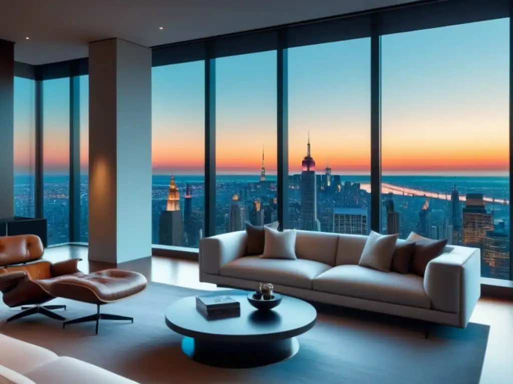 Penthouse de lujo con diseño minimalista y vista urbana impresionante Un lujoso salón de ático moderno con diseño minimalista y vistas a la ciudad
