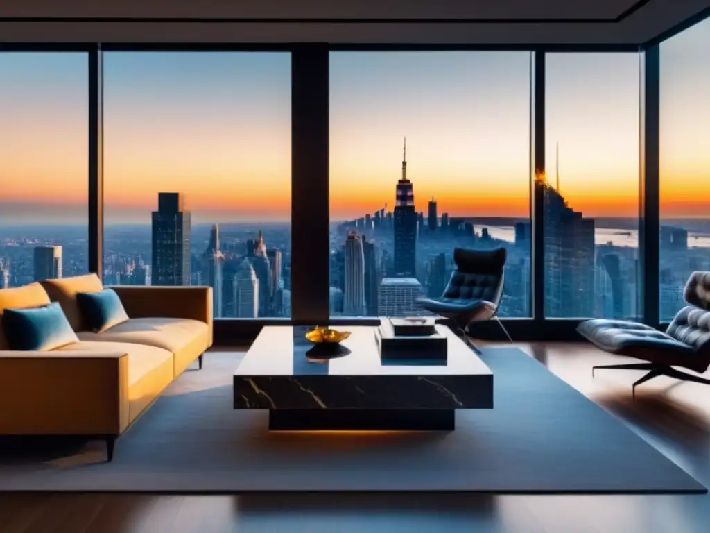 Sala de estar de lujo con vista panorámica al atardecer Un lujoso salón moderno en un apartamento de lujo en altura, con vista panorámica a la ciudad al atardecer