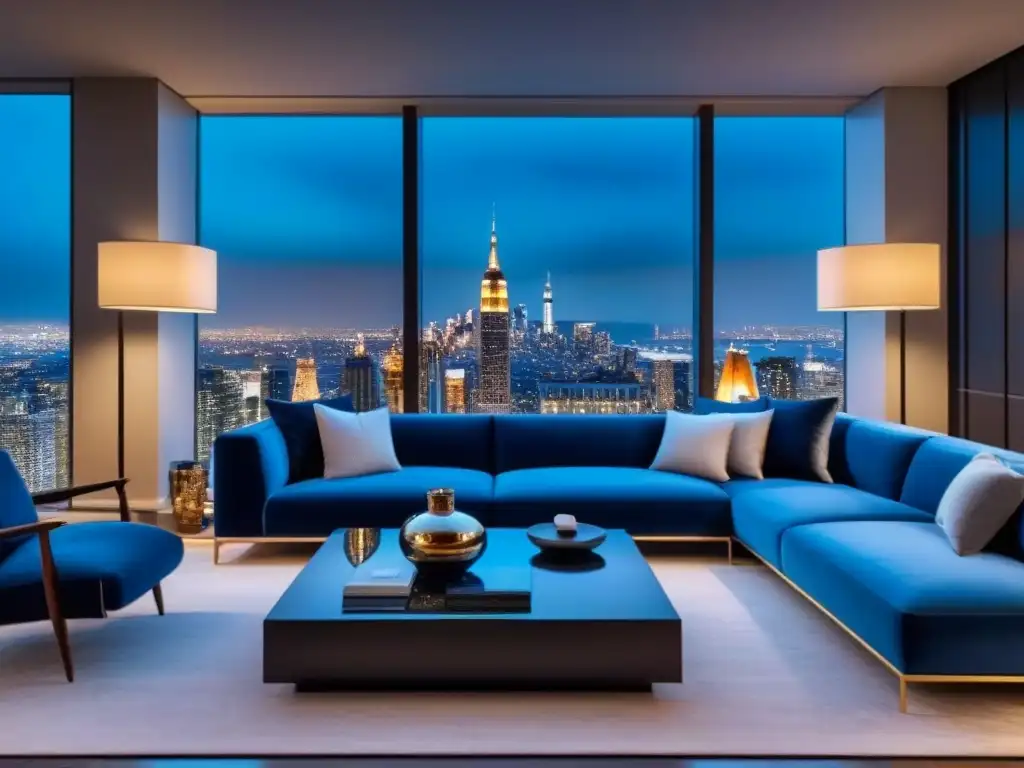 Sala de estar de lujo en penthouse con vista nocturna de la ciudad Un lujoso salón moderno en un ático de gran altura con vistas a un horizonte de la ciudad de noche