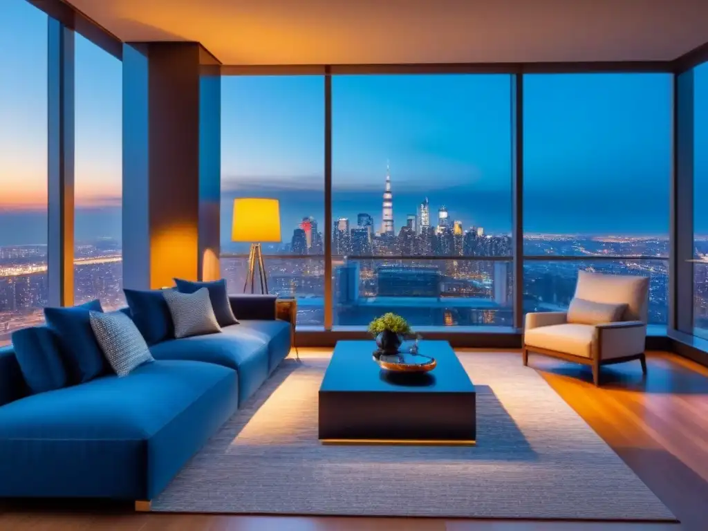 Sala de estar de lujo en penthouse con vista a la ciudad al atardecer Un lujoso salón moderno en un ático de gran altura con ventanales que muestran una impresionante vista de la ciudad al anochecer