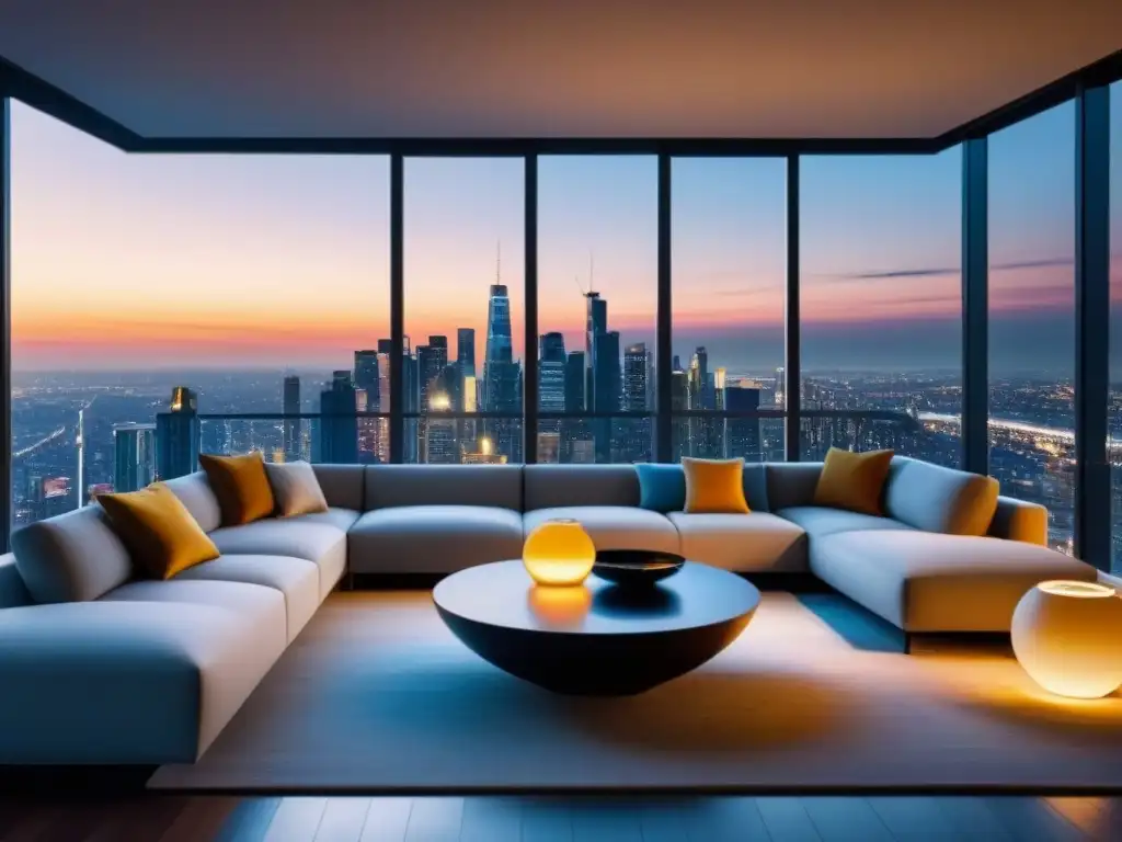 Un lujoso salón moderno en un ático de un rascacielos con ventanales que muestran una impresionante vista de la ciudad al anochecer