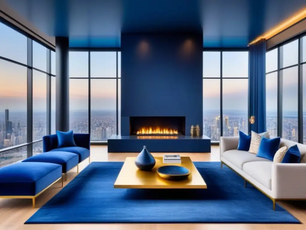 Penthouse de lujo con vistas urbanas: sala moderna y sofisticada Un lujoso salón moderno en un ático urbano de alta gama con ventanales panorámicos y diseño elegante