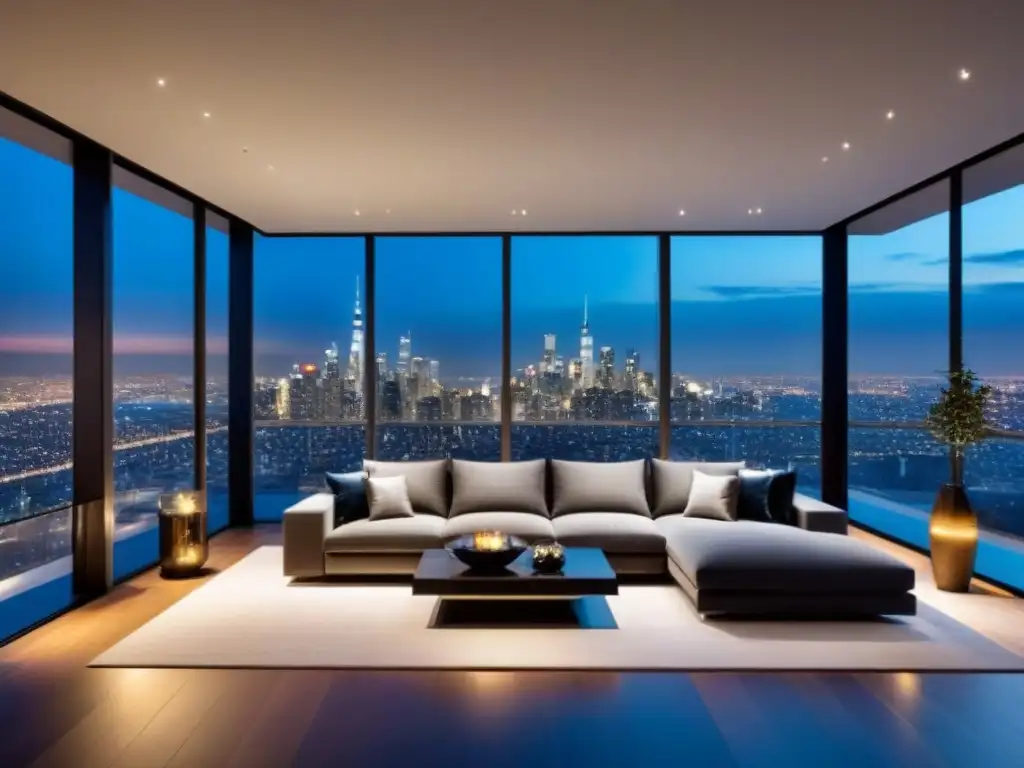 Salón de lujo en penthouse con vista nocturna a la ciudad Un lujoso salón moderno en un ático de lujo con vista a la ciudad de noche, iluminado ambientalmente