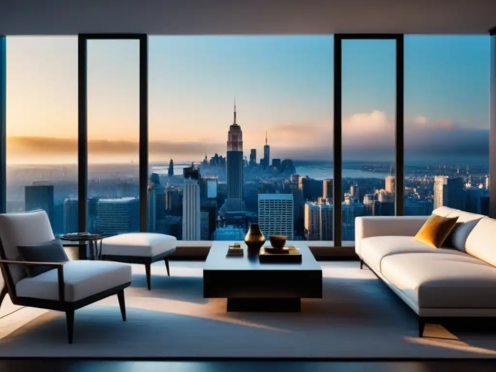 Salón de lujo con diseño sofisticado y vistas a la ciudad Un lujoso salón moderno con mobiliario elegante y diseño sofisticado, con vistas a la ciudad