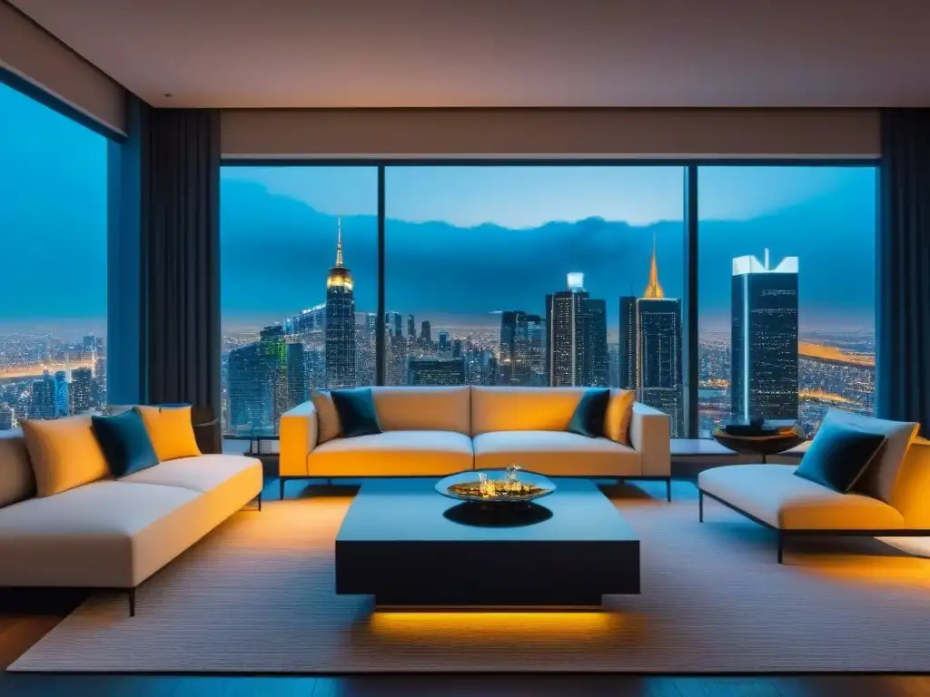 Sofisticado salón de lujo con vista urbana nocturna Un lujoso salón moderno con mobiliario elegante, decoración sofisticada y una gran ventana que muestra el asombroso horizonte de la ciudad de noche