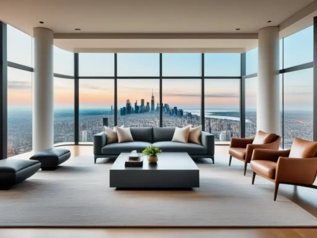 Salón de lujo con vista panorámica y diseño contemporáneo Un lujoso salón moderno con muebles elegantes, grandes ventanales con vistas a la ciudad, chimenea contemporánea y detalles elegantes